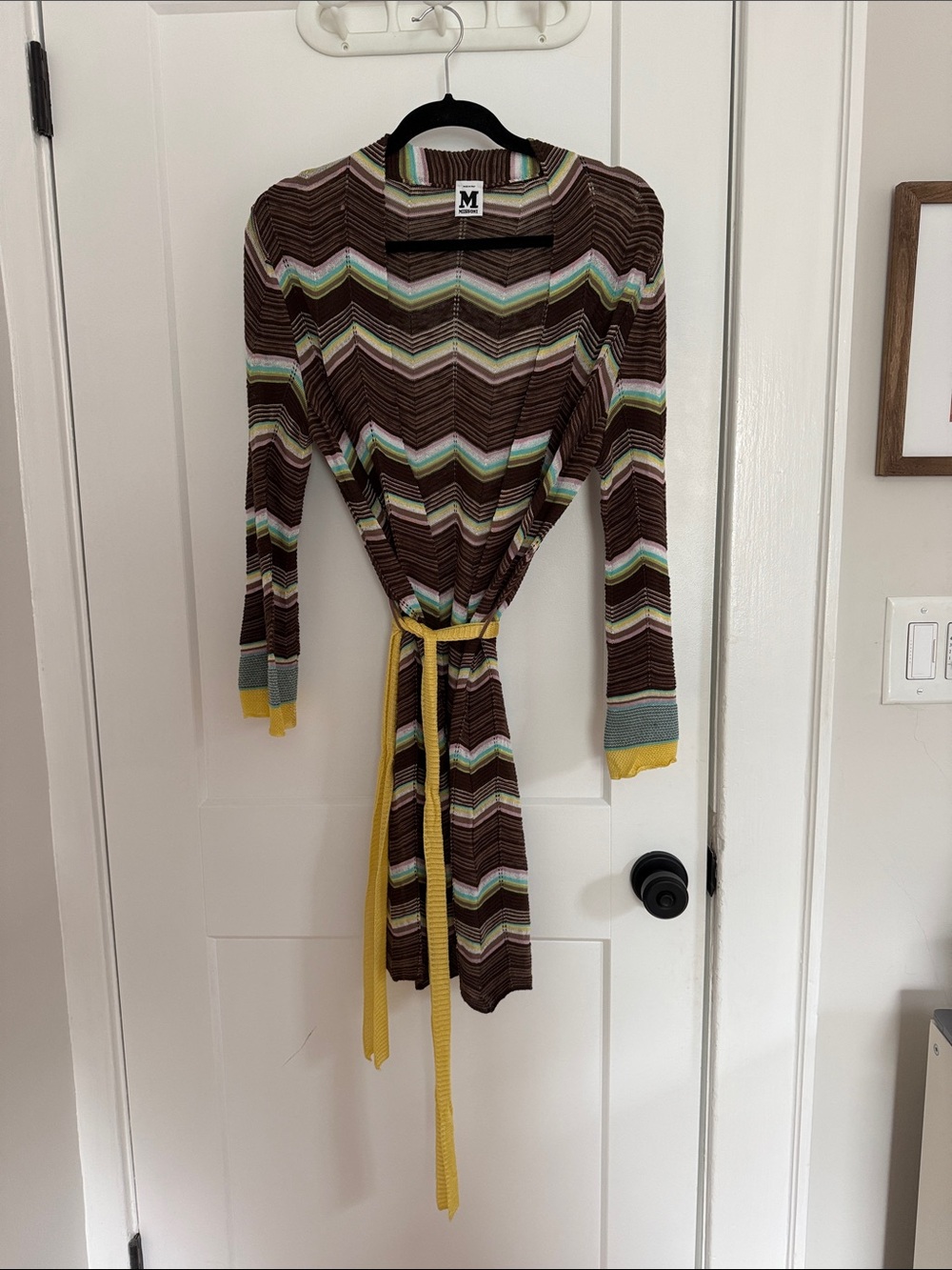 M by Missoni Brown Striped Chevron Silk Knit Duster with Yellow Tie